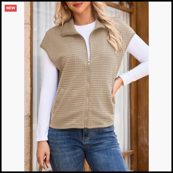 Oversized Waffle Knit Vest Zipper Up Cap Sleeve Side Pockets Chic Casual - Picture 4 of 7